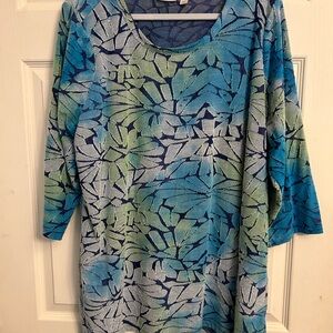 LOGO by Lori Goldstein Blue and Green Leaf Print Tunic